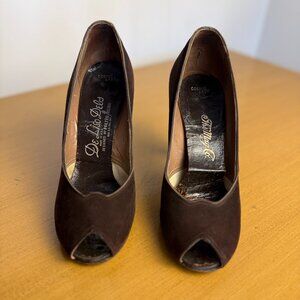 Vintage 1950s De Liso Debs Brown Suede Peep Toe Heels | Walter Deliso | May Co.